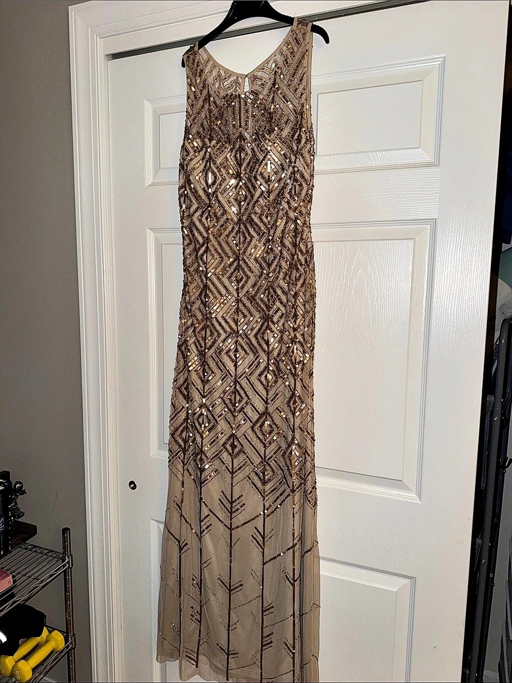 Adrianna Papell Art Deco Diamond Beaded Evening Gown Brown & Gold